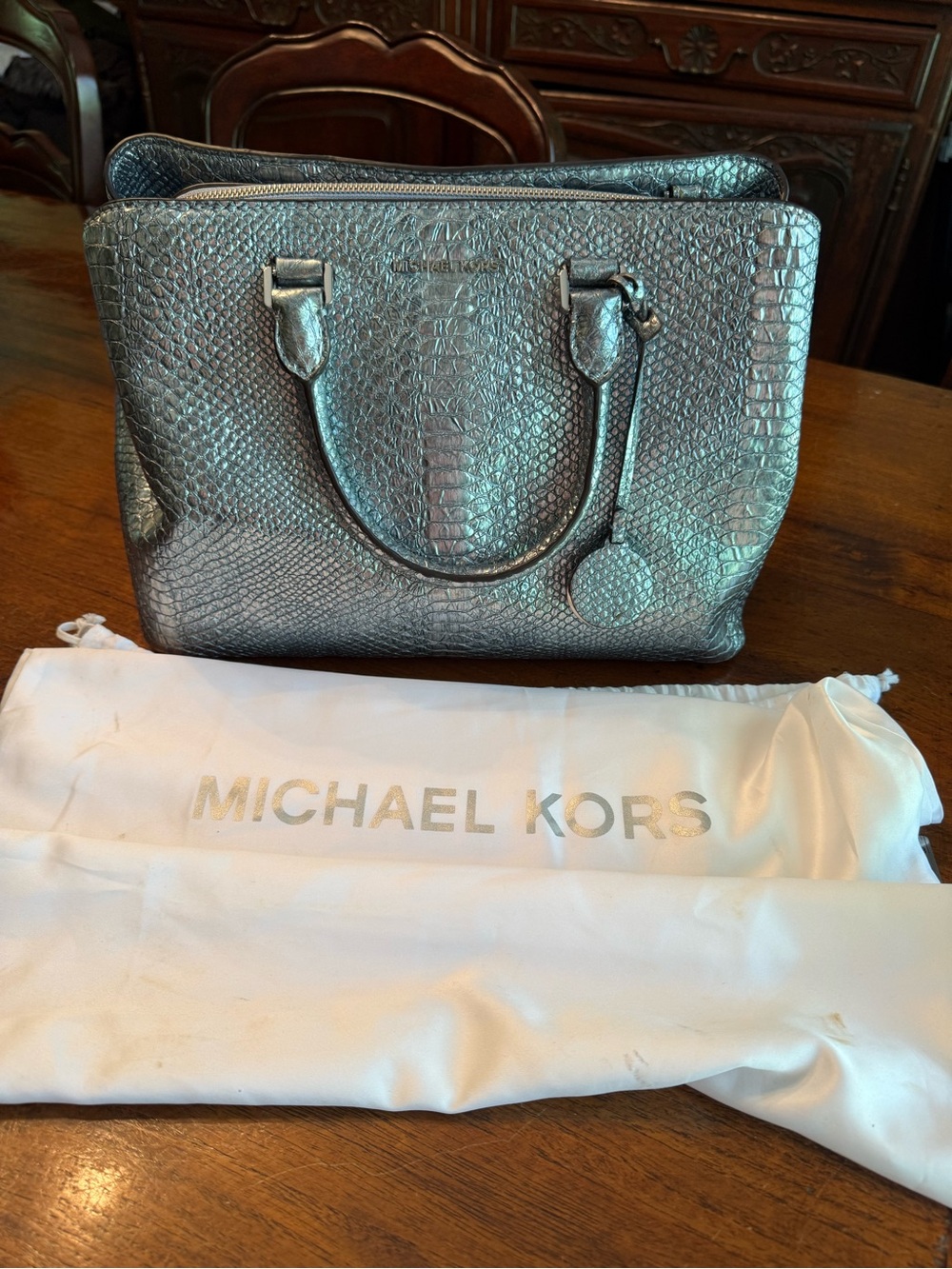 Michael Kors Metallic Silver Python-Embossed Satchel - Picture 4 of 11